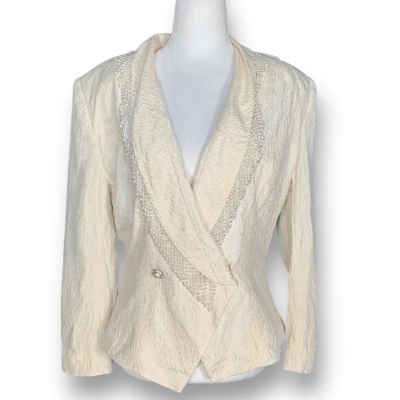 Vintage 80s Ivory Blazer Jacket Pearl Trim Textured Hourglass Double Breasted - Picture 8 of 8